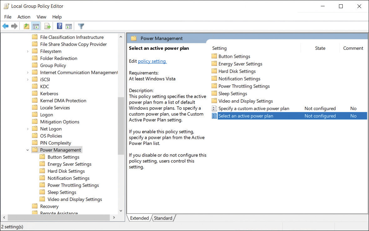 This screenshot shows the Local Group Policy Editor. A menu on the left-hand side shows the Power Management folder selected. On the right-hand side all of the possible Local Policy settings for Power Management are listed with the Select An Active Power Plan setting selected. A short description of the Select An Active Power Plan setting is shown at the top of the right pane.