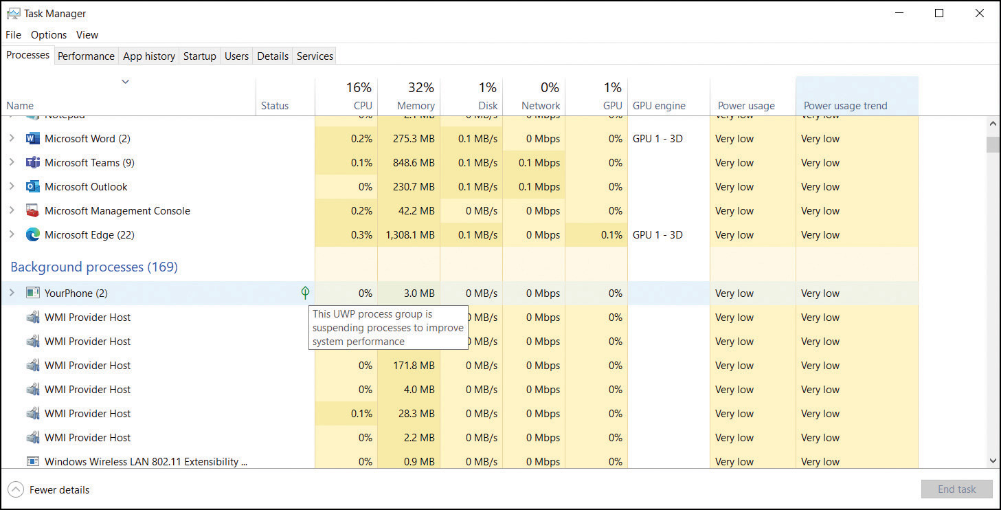 This screenshot shows Task Manager. On the left hand side processes that are currently running are listed. On the right hand side data for each process is organized as a table of percentages. With percentage data for CPU, Memory, Disk, Network, GPU, GPU Engine, Power Usage and Power Usage Trend calculated for each process.