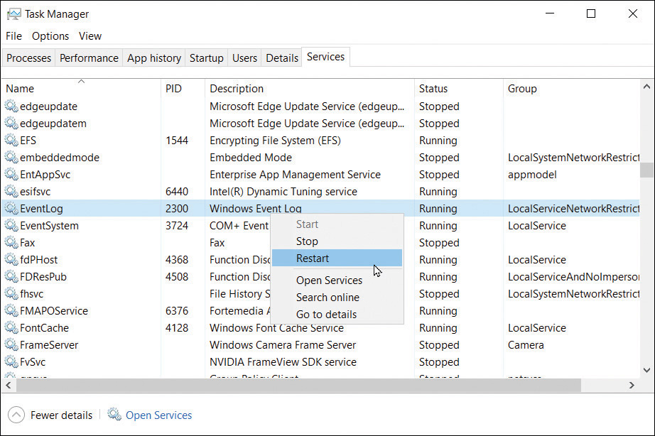 A screenshot shows the Services tab of Task Manager. The EventLog service is selected, and the context menu is displayed with the restart option highlighted.