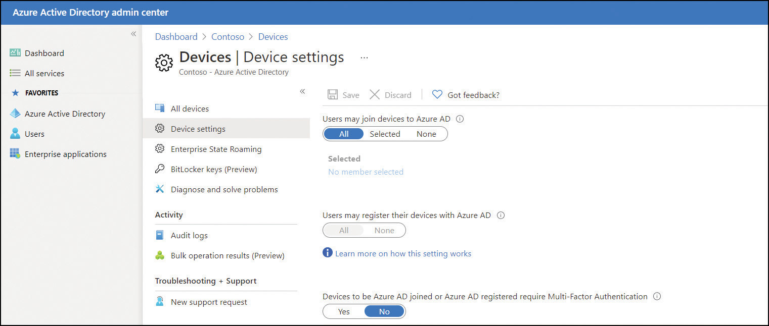 A screenshot shows the Azure Active Directory Admin Center page with three sections. The left section shows a list of items: Dashboard, All services, Azure Active Directory, Users, and Enterprise Applications. The middle section shows a Manage heading with options for All Devices, Device Settings (selected), and Enterprise State Roaming. Below, sections for Activity and Troubleshooting are shown. In the right pane, Users May Join Devices To Azure AD shows the following options: All (selected), Selected, and None. Below this is another option for Additional Local Administrators On Azure AD[nd]Joined Devices. Two options are available: Selected and None (selected). 