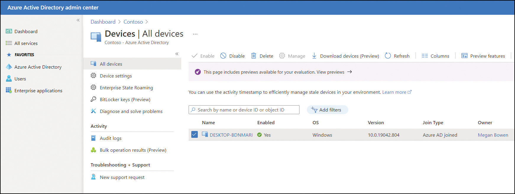 A screenshot shows the Devices page within the Contoso Azure Active Directory. The page is split into two panes. The left pane lists the Manage options with All Devices highlighted. In the center pane, a device is selected, and the menu options shown above the device include Columns, Refresh, Enable (unavailable), Disable, Delete, and Manage (unavailable).