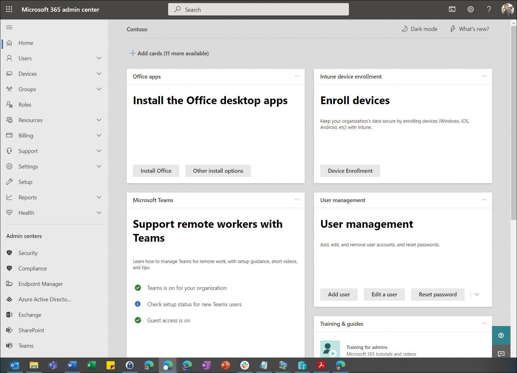 A screenshot shows the Microsoft 365 Business Admin portal with a list of items on the left, including Home, Users, Devices, and Groups. In the central pane are several rectangles with links to User Management, Enroll Devices, Azure Active Directory, and Billing.