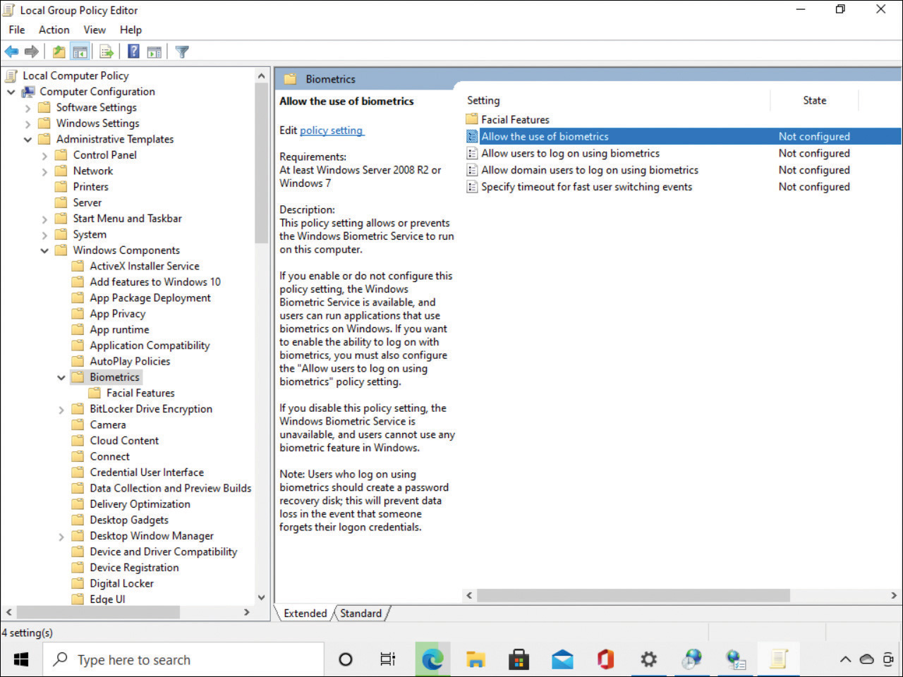 This screenshot shows the local Group Policy editor. On the left side, the Biometrics node is selected. On the right side, the list of settings is displayed and the Allow The Use Of Biometrics setting highlighted. In the center of the screen is the requirements and description of the selected Group Policy setting. 