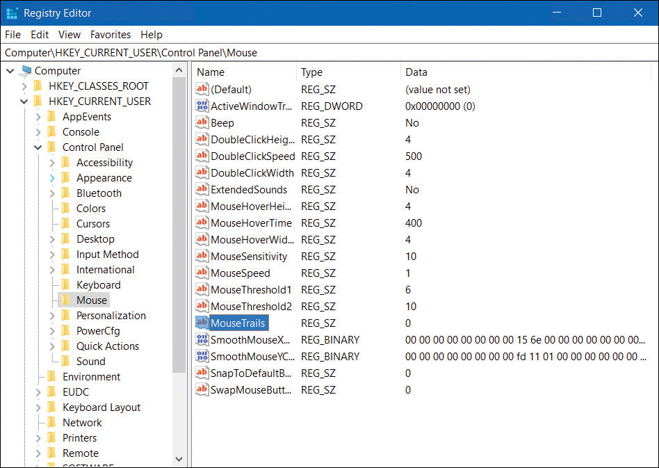A screenshot shows the Registry Editor displaying two panes. Above the panes, the following file path appears: Computerhkey_current_usercontrol panelmouse. The left pane shows a list of folders with the Mouse folder selected. In the right pane, the MouseTrails item is selected.