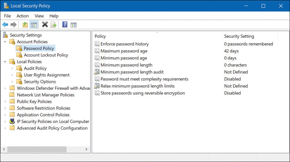 A screenshot shows the local security policy screen with two panes. On the left side are Security Settings and nodes for account policies with the Password Policy subfolder highlighted. On the right pane are Policy and Security Setting columns.