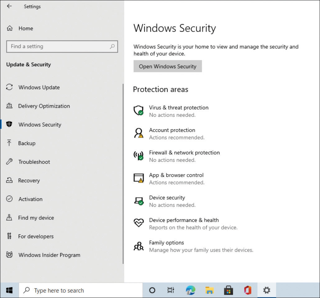 A screenshot shows the Windows Security page within the Settings app. On the left, Windows Security is selected under the Update And Security section. In the center pane, a button to Open Windows Security is shown. Below Open Windows Security is a heading Protection Areas and below is a list of protection areas including Virus & Threat Protection, Account Protection, Firewall & Network Protection, App & Browser Control, Device Security, Device Performance & Health, Family Options