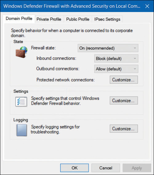 A screenshot shows the Windows Defender Firewall With Advanced Security properties dialog box. Four tabs are shown: Domain Profile (selected), Private Profile, Public Profile, and IPSec Settings. The screen is split into three configuration areas: Firewall State, Settings, and Logging.