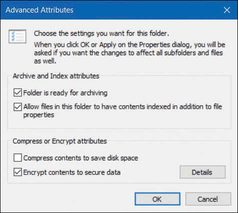 A screenshot shows the Advanced Attributes properties screen, which contains two sections for configuring the Archive Attributes and Index Attributes and Compress or Encrypt Attributes. From this dialog box, you can set compression or encrypt attributes by clicking the appropriate check boxes.