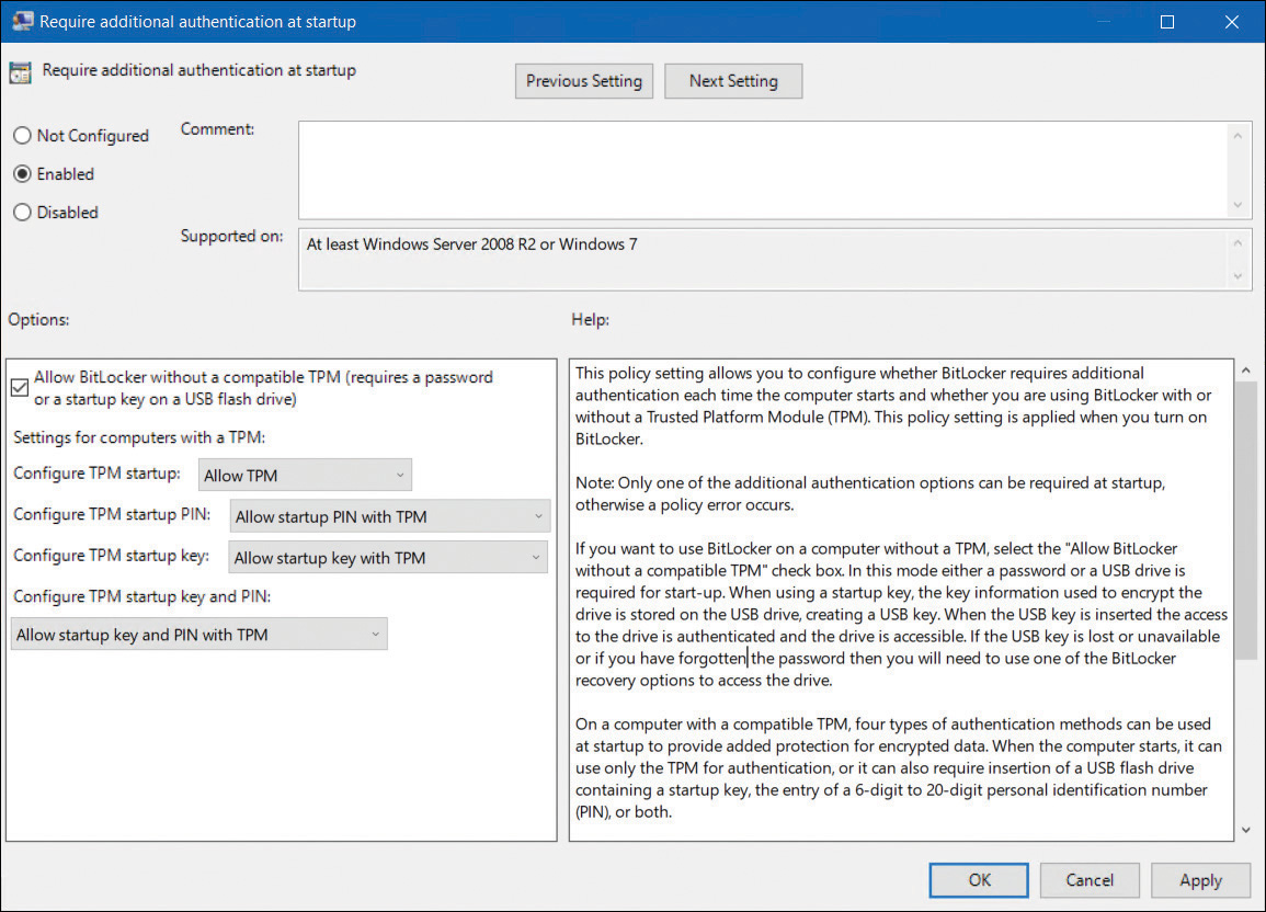 A screenshot shows the Require Additional Authentication At Startup GPO page with the Enabled radio button selected. In the Options pane, Allow BitLocker Without A Compatible TPM (Requires A Password Or Startup Key On A USB Flash Drive) is selected. At the right, a Help pane explains the settings. 