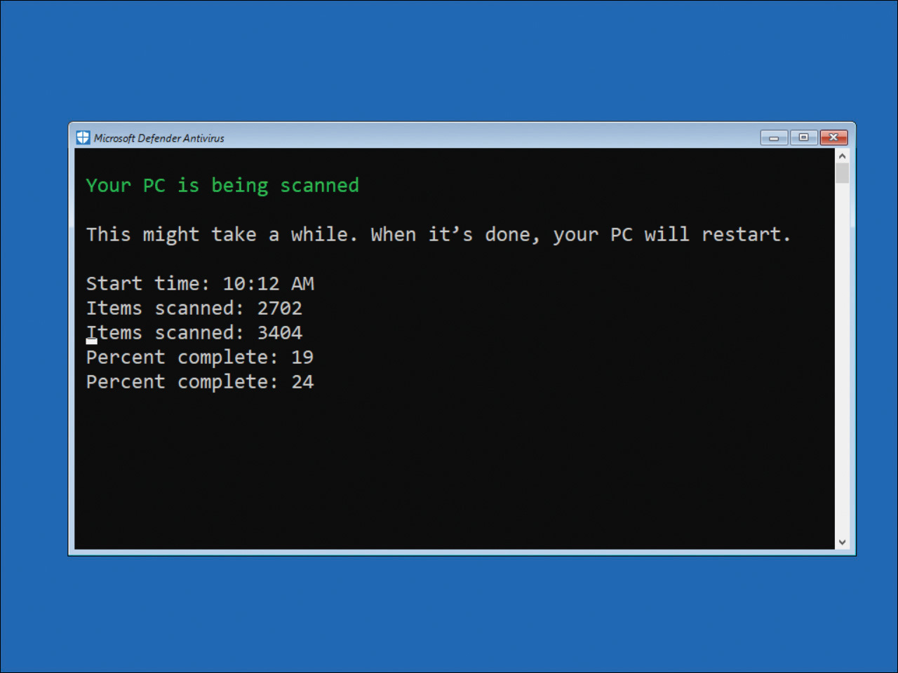A screenshot shows the Microsoft Defender Offline scanning tool. The screen is blue with a command line console with the title Microsoft Defender Antivirus. Inside the console there is text relating to the progress of the scan.