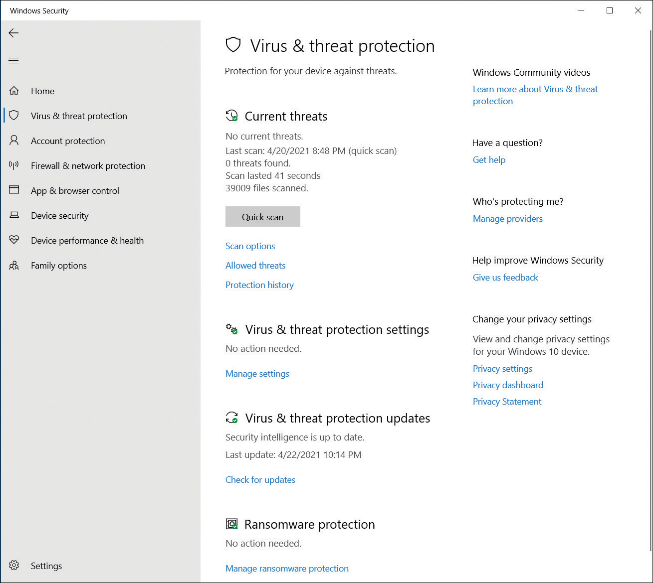 A screenshot shows the Virus & Threat Protection page within the Settings app. On the left is a menu of Windows Security items with the Virus & Threat Protection item selected. In the center of the page is the Virus & Threat Protection settings with the headings Current Threats, Virus & Threat Protection Settings, Virus & Threat Protection Updates and Ransomware Protection.