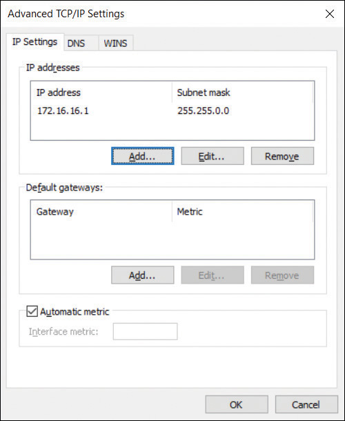 A screenshot shows the IP Settings tab of the Advanced TCP/IP Settings dialog box. Configurable options are IP addresses (172.16.16.1/255.255.0.0 is shown) and Default Gateways (172.16.16.254/Automatic is shown).  