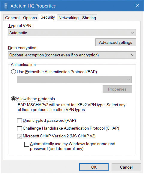 A screenshot shows the Security tab of the Adatum HQ Properties dialog box. Options shown are: Type Of VPN: Automatic; Data Encryption: Optional Encryption (Connect Even If No Encryption). Authentication option Microsoft CHAP Version 2 (MS-CHAP v2) is enabled.  