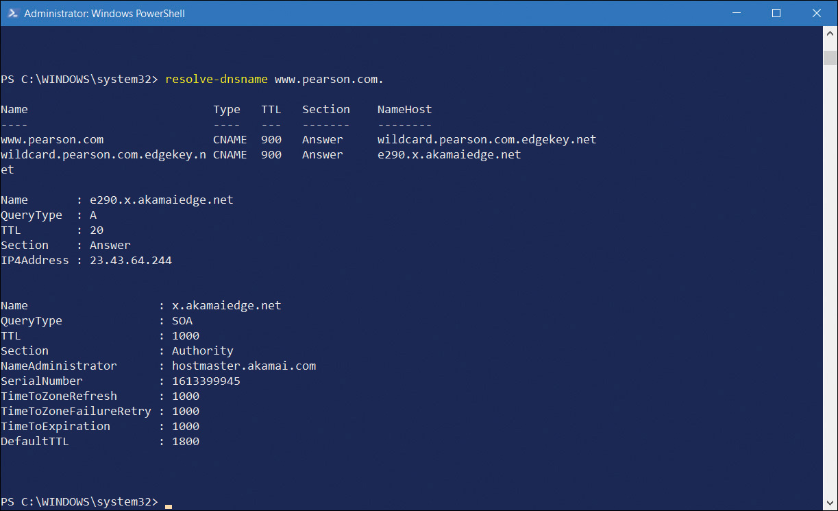 A screenshot shows the output returned from the Windows PowerShell cmdlet, resolve-dnsname www.pearson.com.  