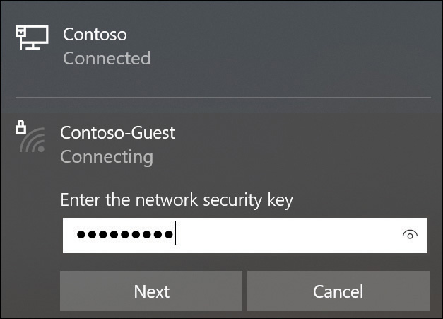 A screenshot shows the security banner for connecting to a wireless network. The password is entered in the Enter The Network Security Key box. Buttons for Next and Cancel are available.  