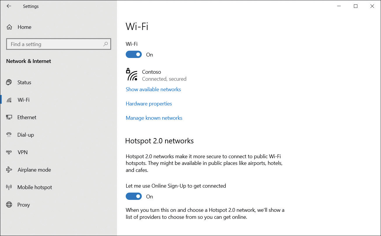 A screenshot shows the Wi-Fi page in Settings. Options shown are Show Available Networks, Hardware Properties, Manage Known Networks, and Let Me Use Online Sign-Up To Get Connected.  
