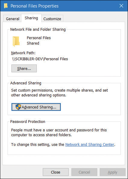A screenshot shows the Personal Files Properties dialog box, with three tabs: General, Sharing (selected), and Customize. The Sharing tab details show three sections: Network File And Folder Sharing, Advanced Sharing, and Password Protection options.