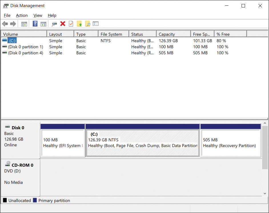 A screenshot shows the Disk Management console. A single disk (Disk 0) is displayed, with default partitioning as described in the preceding text.