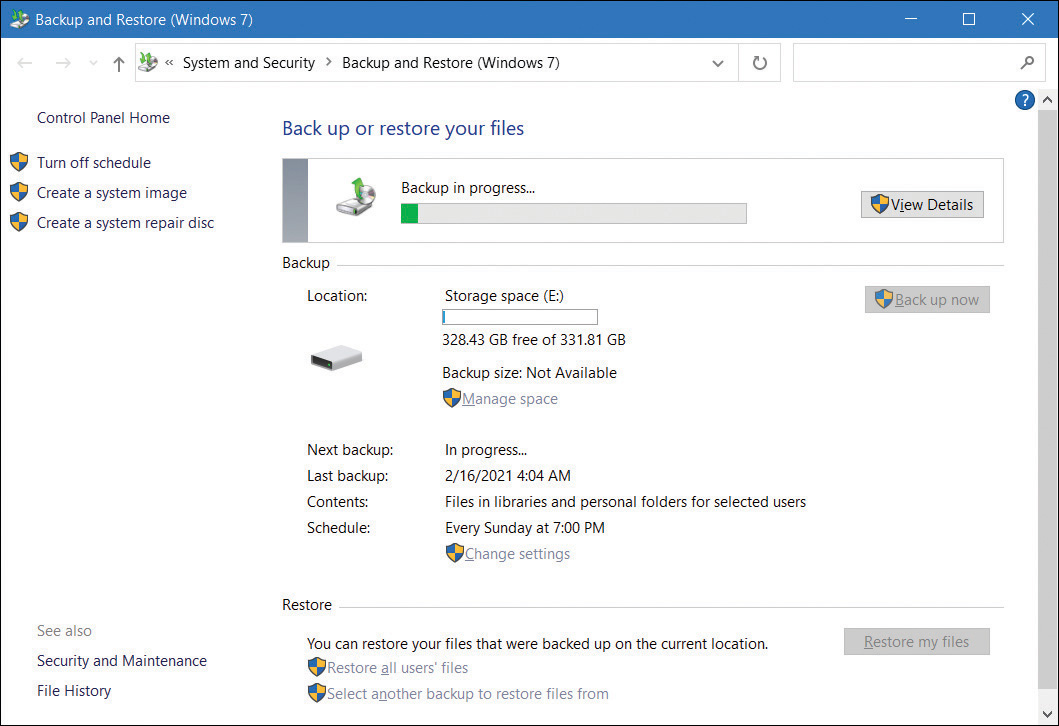 A screenshot shows the Backup And Restore (Windows 7) window. A backup is in progress. The location is set to Storage Space (E:). The next backup is not scheduled. The last backup date is displayed. Contents is configured to Files In Libraries And Personal Folders For Selected Users. Schedule is Every Sunday At 7:00 PM. 