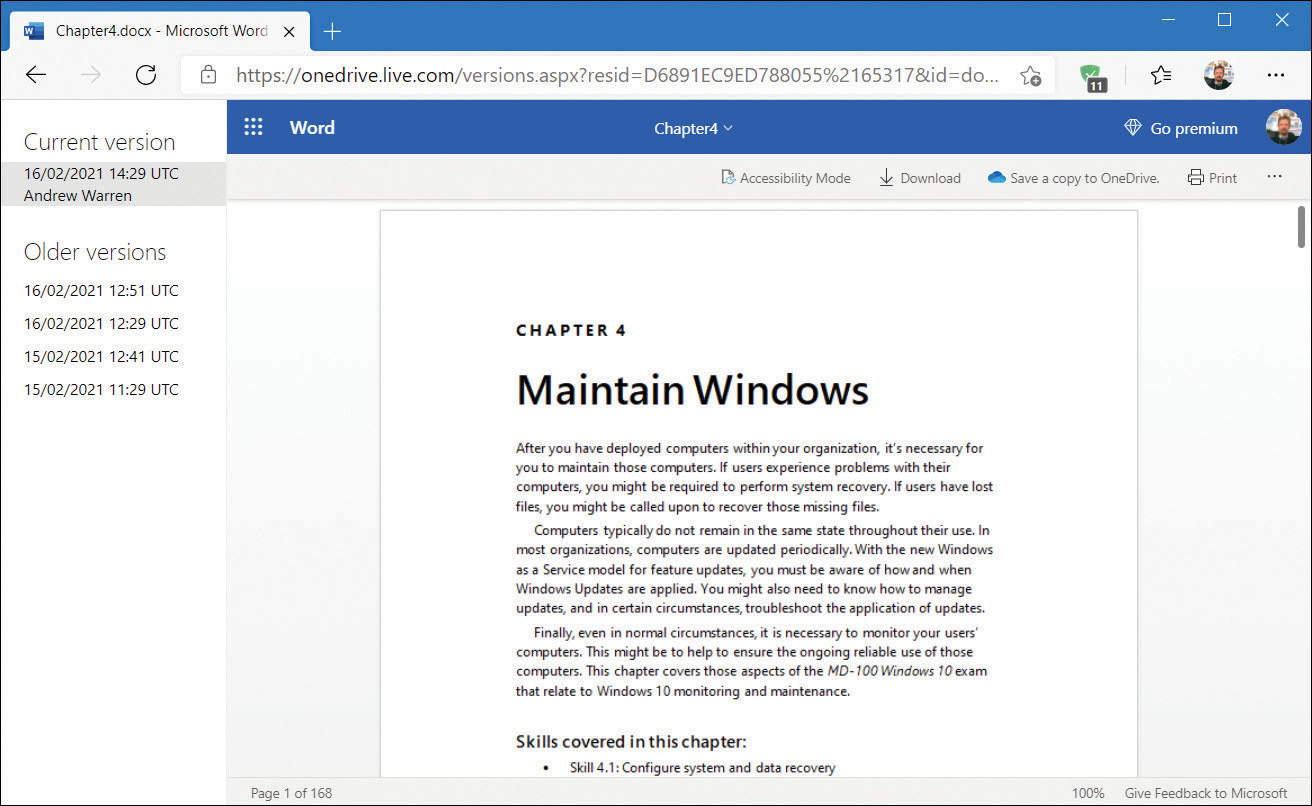 A screenshot of Microsoft Edge with a Word document open. The left side displays the older versions of the document, of which there are four. In the right pane, a Word Online document is displayed; it represents the current version. 