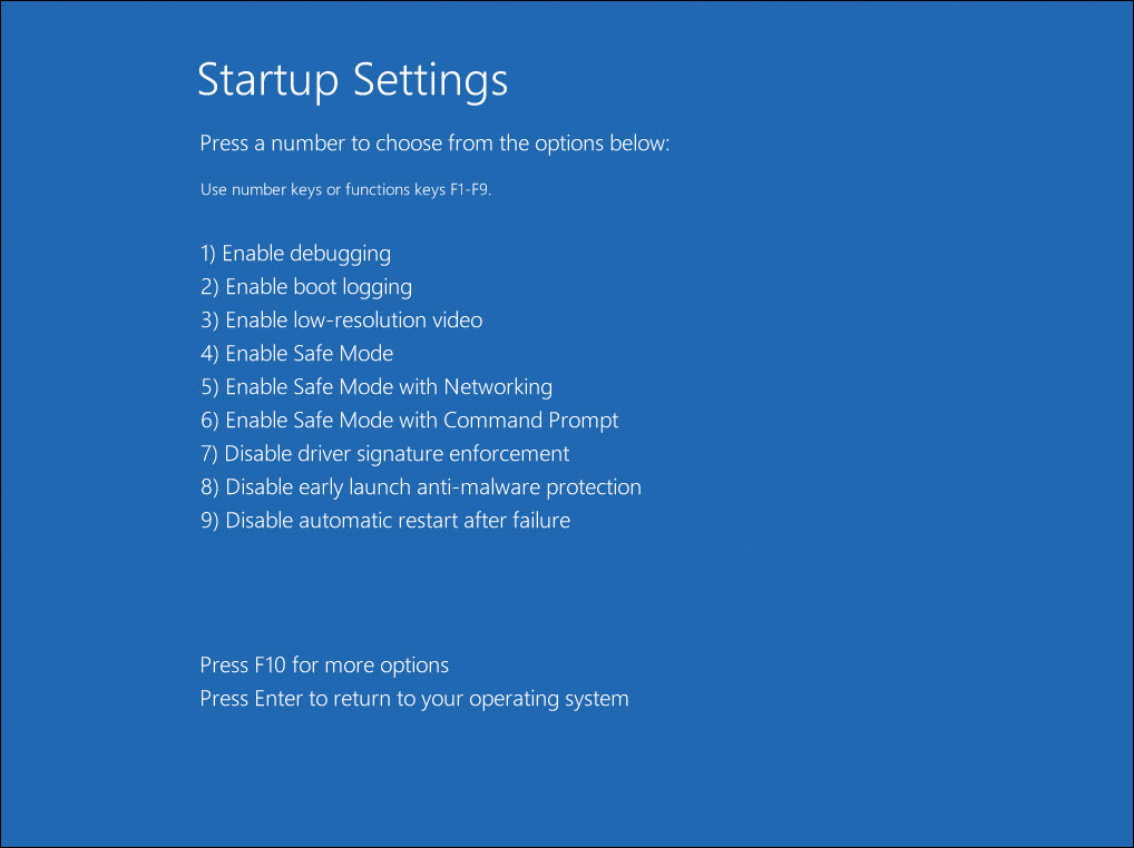 A screenshot shows the list of options for Startup Settings.