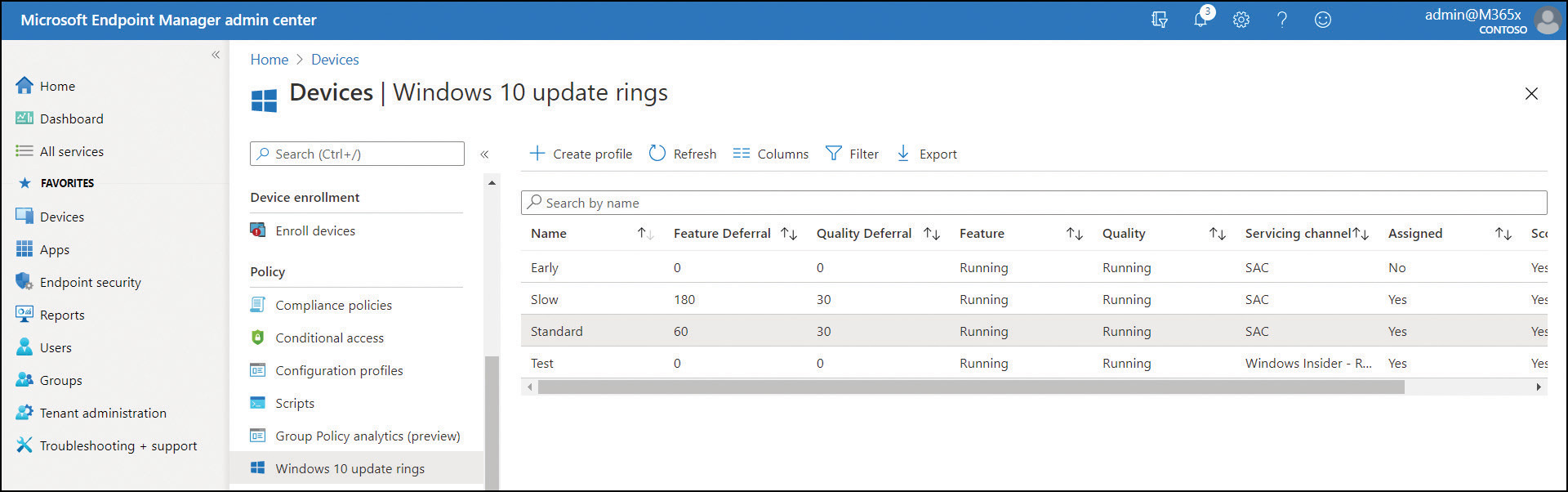 A screenshot shows the Microsoft Endpoint Manager admin center. The administrator is viewing the Windows 10 Update Rings node. Displayed on the right are four rings: Early, Slow, Standard, and Test. 
