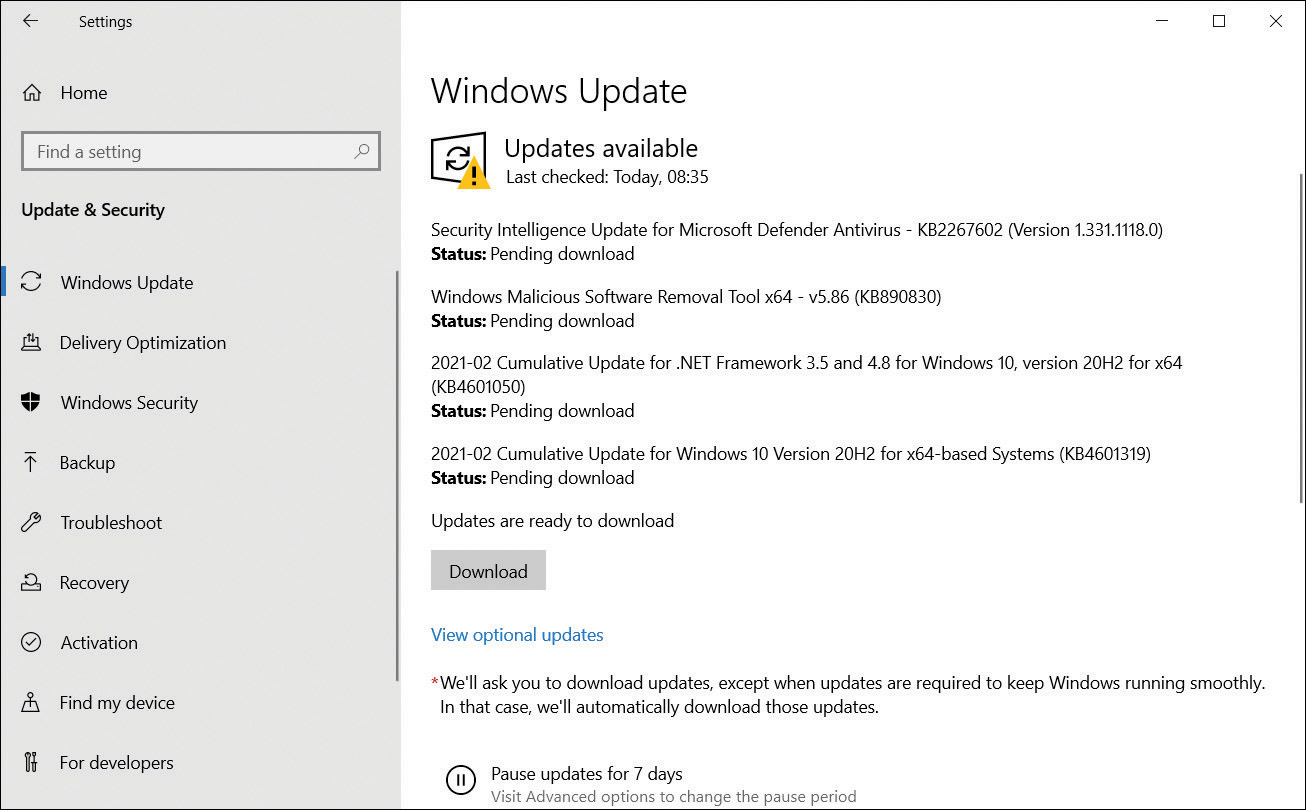 A screenshot shows the Windows Update tab in Update & Security in the Settings app. The administrator has selected Check for Updates. Windows is now displaying a list of available updates.   