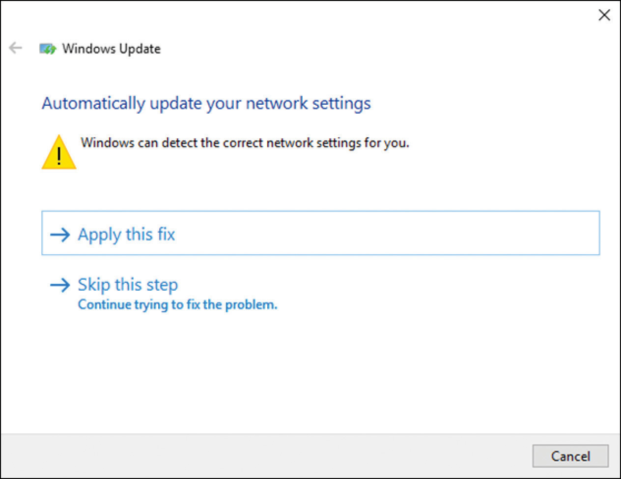 A screenshot shows the Windows Update Troubleshooting wizard. Problems have been detected with network settings, and the troubleshooter is prompting the user to apply this fix.   