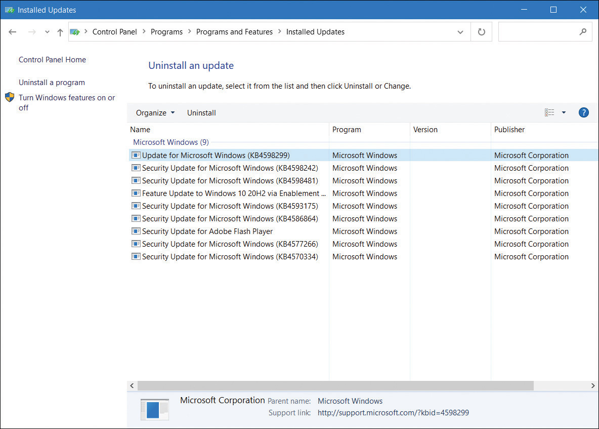 A screenshot shows the Uninstall An Update page in Control Panel. Nine updates are displayed, and the administrator has selected one for removal.   