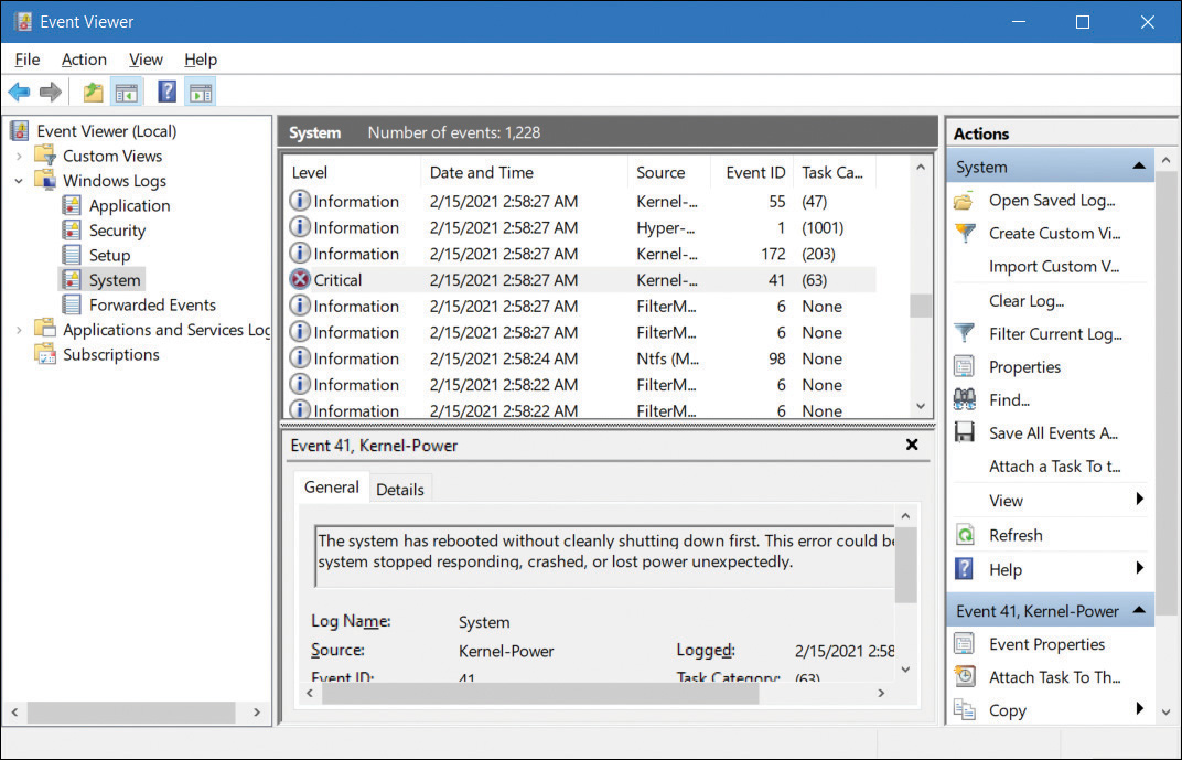 A screenshot shows the System log in Event Viewer. A number of informational events are displayed in the central pane. The administrator has selected a Critical event for further analysis.