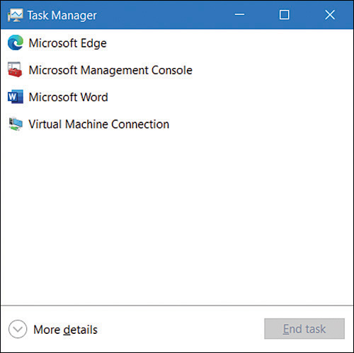 A screenshot shows the running applications listed in Task Manager. These are Microsoft Edge, Microsoft Management Console, Microsoft Word, and Virtual Machine Connection.   