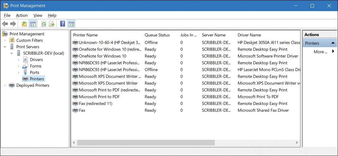 A screenshot shows the Print Management console in Windows 10. Eleven printers are listed. 