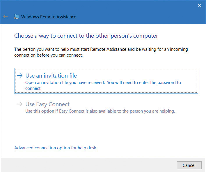 A screenshot displays the Windows Remote Assistance dialog box. The administrator has selected the Help Someone Who Has Invited You option. Displayed are two options for connecting to a remote computer, together with a link, Advanced Connection Option For Help Desk.