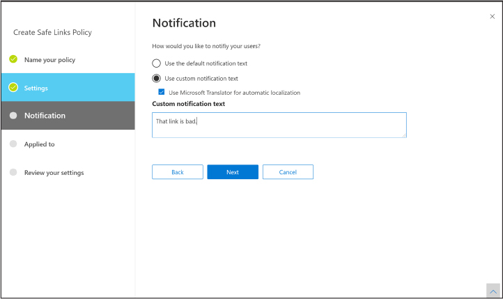 This is a screenshot showing the Safe Links wizard to configure Custom Notification Text.