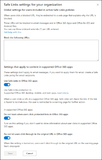 This is a screenshot showing the Safe Links Global settings for email and Office 365 documents.
