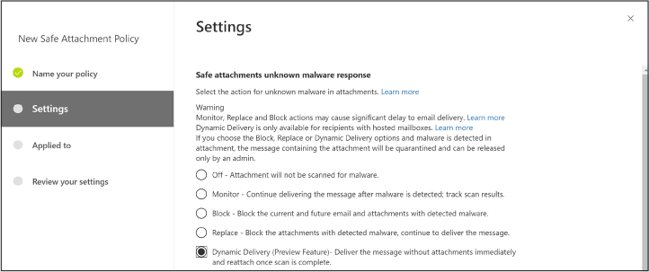 This is a screenshot showing the options for how Safe Attachments will interact with attached files in emails.