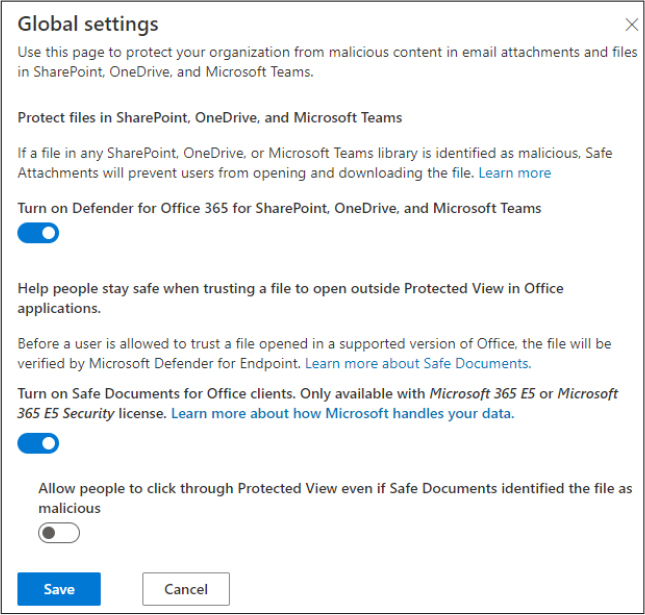 This is a screenshot showing the Safe Attachments Global Settings for email and Office 365 documents.
