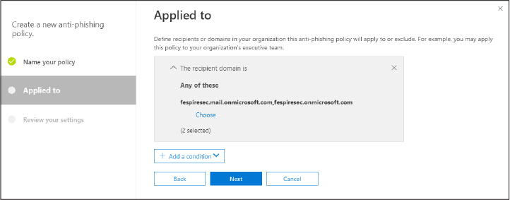 This is a screenshot of the anti-phishing wizard’s Applied To page, where you configure who the anti-phishing policy will apply to.