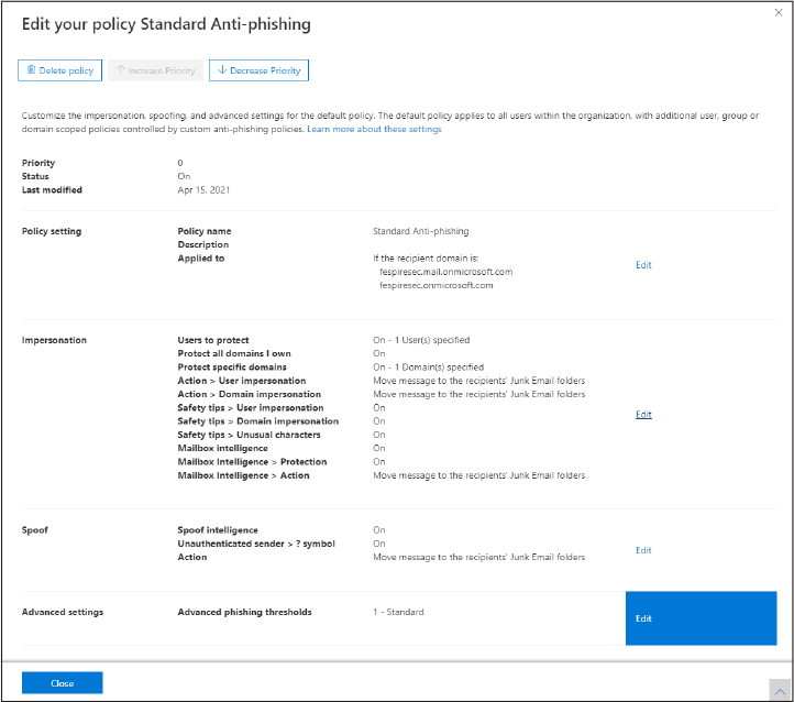 This is a screenshot showing the Edit Your Policy Standard Anti-Phishing page to configure the Advanced Settings for the policy. The Edit option is selected.