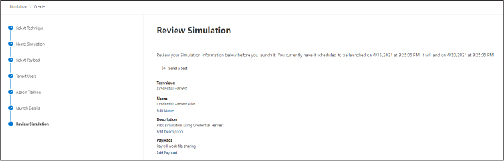 This is a screenshot showing the Review Simulation page in the Simulation creation wizard confirming the settings.