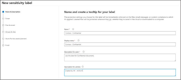 This is a screenshot of the Name & description page in the New sensitivity label wizard.