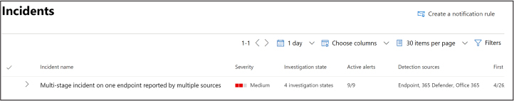 This is a screenshot of the page that lists incidents; a single incident is listed.