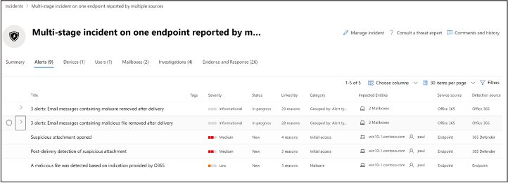 This is a screenshot of the incidents alert view showing multiple alerts. Alerts of the same title are grouped.