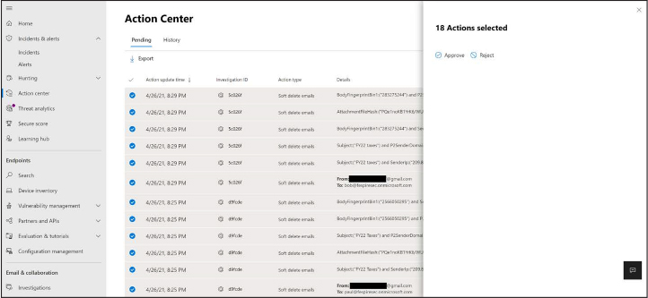 This is a screenshot of approving all pending actions in the Action Center.