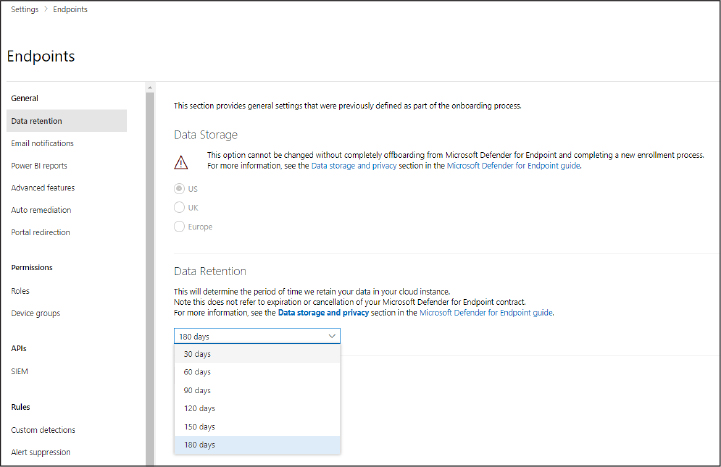 This is a screenshot of the Data Retention settings page for Microsoft Defender for Endpoint general settings.