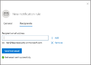 This is a screenshot showing the New Notification Rule page with the Recipients tab selected. From here, you can add or remove Recipient Email Address(es), and you can click the Send Test Email button to send a test email. 
