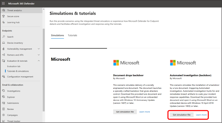 This is a screenshot of the Simulations and Tutorials page. The Simulations tab has been clicked, and at the bottom-right, the Get Simulation File button is shown.