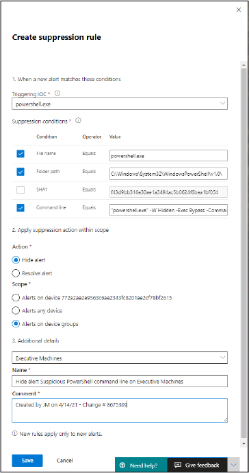 This is a screenshot of the Create Suppression Rule menu in the Microsoft 365 Security portal