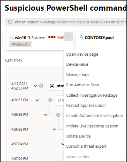 This is a screenshot of the device action menu in the Microsoft 365 Security portal.