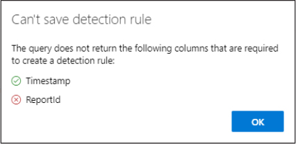 This is a screenshot showing the Can’t Save Detection Rule pop-up that appears when you attempt to create a custom detection without all the required fields.